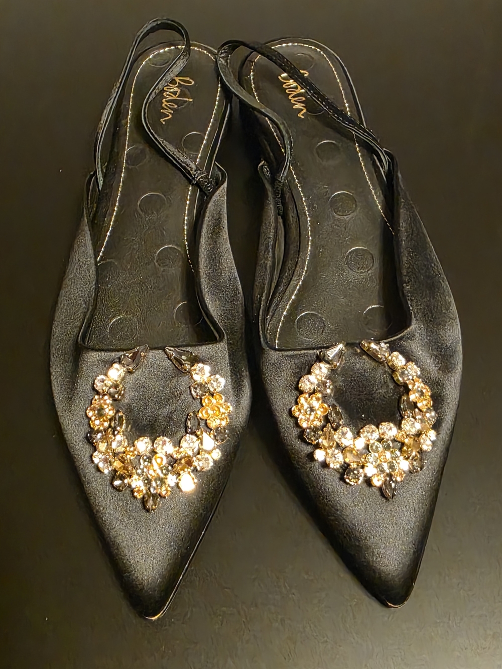 Boden Black Satin Pointed Slingback Flats with Gold Crystal Embellishment